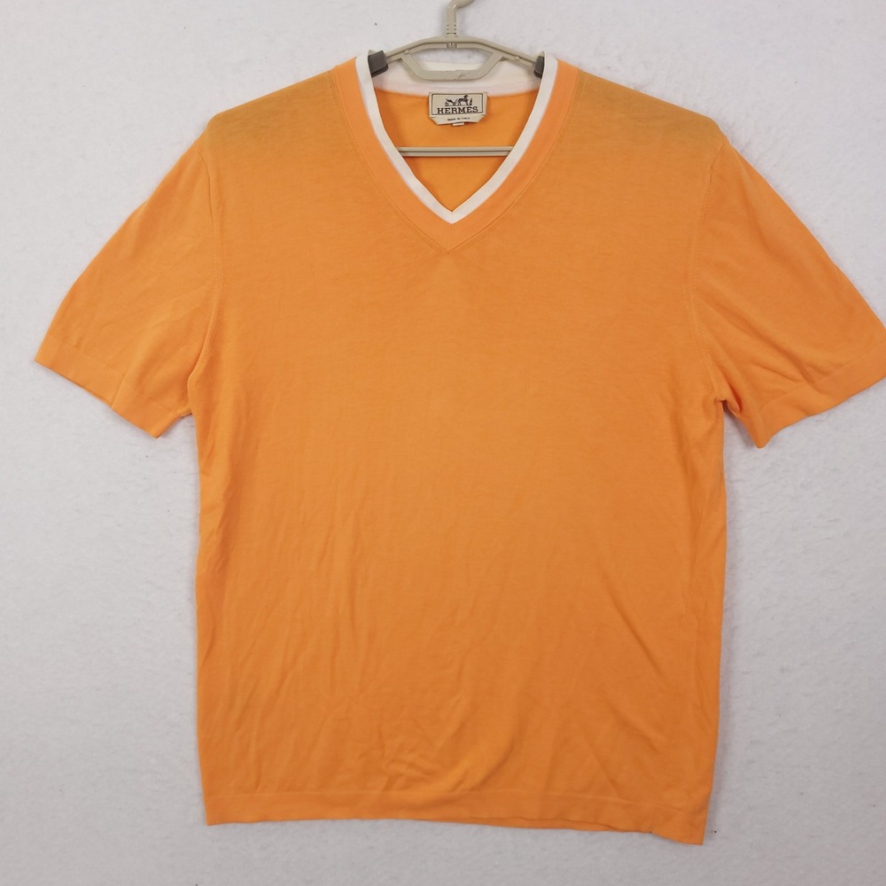 Hermès V-neck knit top Shirt L white ribbed collar trim Made Italy Luxury Knit